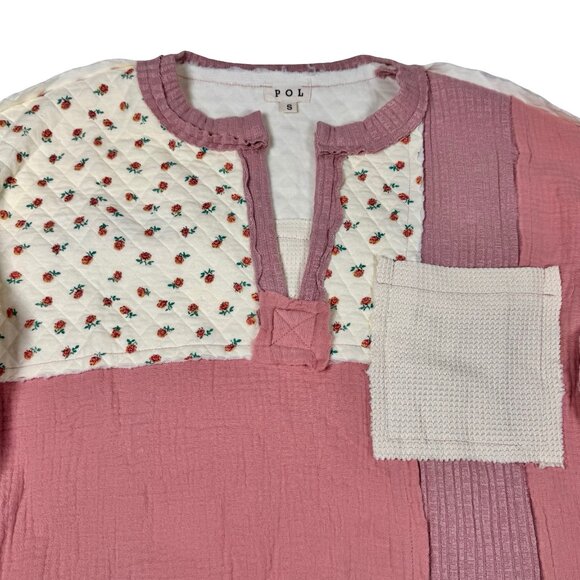 POL Womens Oversized Quilted Floral Patchwork Top SZ S Pink Cottage Boho - Picture 5 of 14